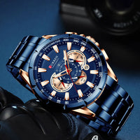 CURREN 8363 Casual Sport Chronograph Men's Watches Stainless Steel Band Wristwatch Big Dial Quartz Clock with Luminous Pointers