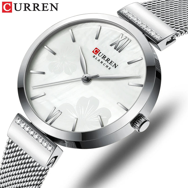 CURREN 9067 Minimalist Quartz Watch for Ladies, Stylish Alloy Mesh Stainless Steel Strap Wristwatch