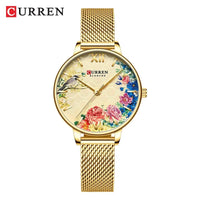 CURREN Women Watch Top Brand Luxury Gold Female Waterproof Clock Mesh Stainless Steel Bracelet Flower Ladies Wristwatch 9059