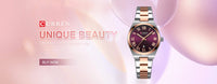 CURREN 9095 Women's Quartz Watch Fashion Calendar Leisure Analog Display Rose Gold Purple Stainless Steel Strap for Ladies Gift
