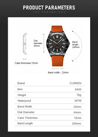 CURREN 8449 Men's Quartz Watch Fashion Leisure Outdoor Clock Analog Display Black Orange Silicone Strap Wristwatch for Male