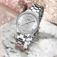CURREN Luxury Rhinestones Rose Dial Fashion Watches with Stainless Steel Band New Quartz Wristwatches for Women