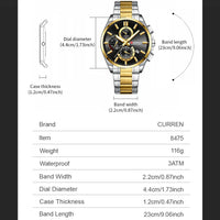 CURREN Men's Quartz Chronograph Watch with Luminous Hands,Auto Date Stainless Steel Band, Precision Style Wristwatche Waterproof