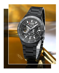 CURREN Skeleton Hollow Dial Automatic Mechanical Watch for Men 42mm Stainless Steel Band Business Sport Wristwatch with Luminous