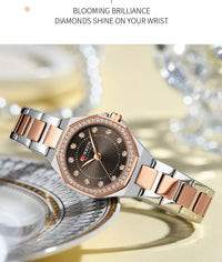 CURREN Luxury Elegance Watch for Women Simple Quartz Wristwatches with Sparkling Rhinestones Stainless Steel Bracelet Waterproof