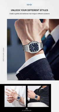 CURREN Luxury Business Square Quartz Watches  Classic Stripe Design Dial with Stainless Steel Band Wristwatch for Men