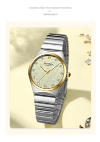 CURREN Luxury Classic Quartz Watch for Women Round Dial with Rhinestones Stainless Steel Bracelet Elegant Dress Wristwatch