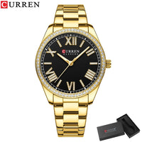 CURREN 9088 Women Luxury Quartz Watch Rhinestone Bezel Roman Numerals Dial Stainless Steel Bracelet Elegant Ladies Wristwatch
