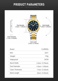 CURREN Men Watch Fashion Classial Luminous with Date Stainless Steel Band Relogio Masculino