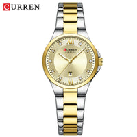 CURREN 9107 Stylish Rhinestone-embellished Ladies' Quartz Watch, Waterproof Stainless Steel Strap Wristwatch with Calendar