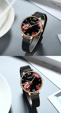 CURREN Women Watch Top Brand Luxury Gold Female Waterproof Clock Mesh Stainless Steel Bracelet Flower Ladies Wristwatch 9059