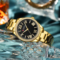 CURREN NEW Luxury Quartz Women's Bracelet Wristwatches with Rhinestone Dial Elegant Luminous Hands Stainless Steel Watches