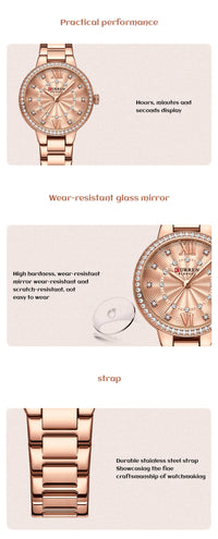 CURREN Quartz Wristwatches for Wommen Luxury Rhinestones Rose Dial Fashion Watches with Stainless Steel Band New