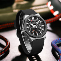 CURREN 8437 Unisex Minimalist Quartz Watch Polygonal Skeleton Sports Waterproof Silicone-Strap Wristwatch