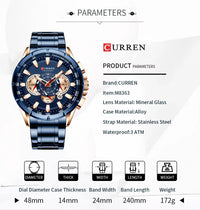 CURREN 8363 Casual Sport Chronograph Men's Watches Stainless Steel Band Wristwatch Big Dial Quartz Clock with Luminous Pointers