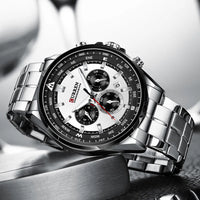 CURREN Luxury Brand Watches for Men Casual Sporty Quartz Wristwatch with 316 Stainless Steel Band Chronograph Clock Male Silver
