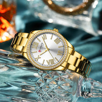 CURREN NEW Luxury Quartz Women's Bracelet Wristwatches with Rhinestone Dial Elegant Luminous Hands Stainless Steel Watches