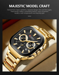 CURREN Men Square Chronograph Watch Black Stainless Steel Band with 3 Sub-Dials Casual Business Quartz Wristwatch Luminous Hands