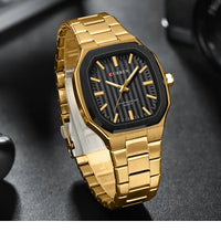 CURREN Luxury Business Square Quartz Watches  Classic Stripe Design Dial with Stainless Steel Band Wristwatch for Men