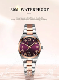CURREN 9095 Women's Quartz Watch Fashion Calendar Leisure Analog Display Rose Gold Purple Stainless Steel Strap for Ladies Gift