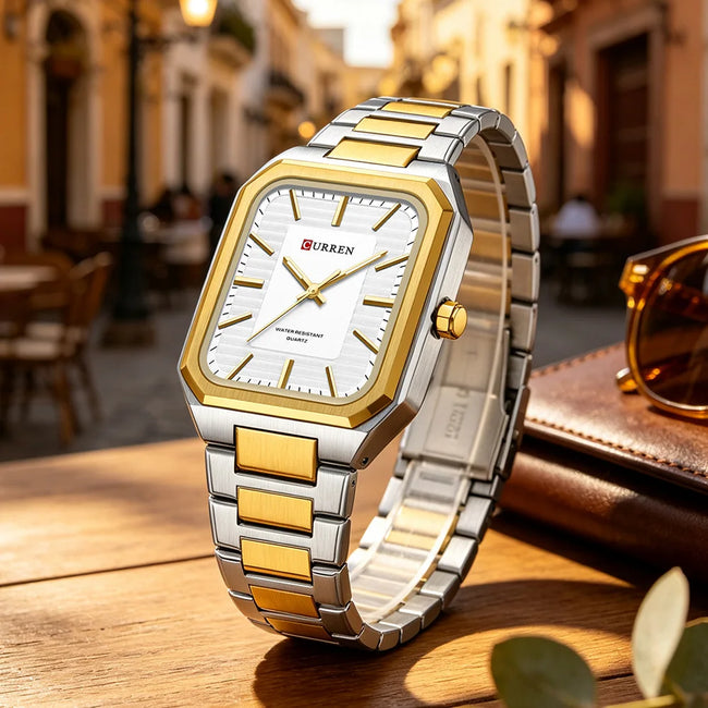 CURREN NEW Stainless Steel Strap Vintage Rectangle Dial Quartz Watches for Men Luminous Hands Waterproof