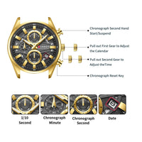 CURREN Luxury Men's Chronograph Watch Quartz Movement Stainless Steel Band with 43mm Dial Fashion Sports Wristwatch