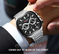 CURREN Men Square Chronograph Watch Black Stainless Steel Band with 3 Sub-Dials Casual Business Quartz Wristwatch Luminous Hands