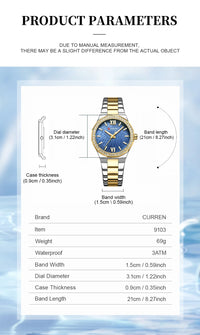 CURREN Women's Quartz Watch - Elegant Slim Stanless Steel Wristwatch Waterproof Luminous Hands Watch for Ladies