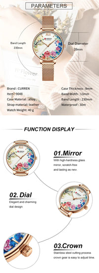 CURREN Women Watch Top Brand Luxury Gold Female Waterproof Clock Mesh Stainless Steel Bracelet Flower Ladies Wristwatch 9059
