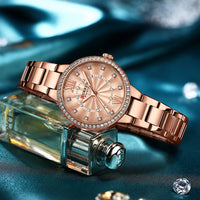CURREN Quartz Wristwatches for Wommen Luxury Rhinestones Rose Dial Fashion Watches with Stainless Steel Band New