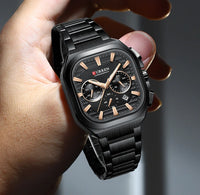CURREN Men Square Chronograph Watch Black Stainless Steel Band with 3 Sub-Dials Casual Business Quartz Wristwatch Luminous Hands