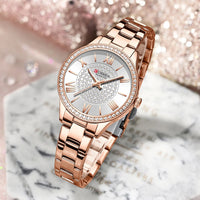 CURREN Luxury Rhinestones Rose Dial Fashion Watches with Stainless Steel Band New Quartz Wristwatches for Women