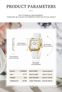 CURREN 9113 Women's square small dial watch waterproof quartz watch silicone watch strap fashionable and simple wristwatch