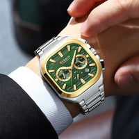 CURREN Men Square Chronograph Watch Black Stainless Steel Band with 3 Sub-Dials Casual Business Quartz Wristwatch Luminous Hands