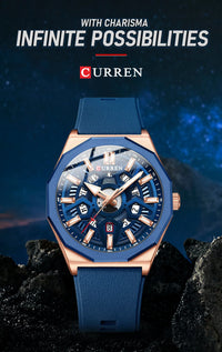 CURREN 8437 Unisex Minimalist Quartz Watch Polygonal Skeleton Sports Waterproof Silicone-Strap Wristwatch