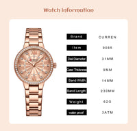 CURREN Quartz Wristwatches for Wommen Luxury Rhinestones Rose Dial Fashion Watches with Stainless Steel Band New