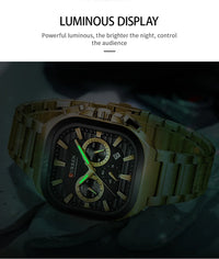 CURREN Men Square Chronograph Watch Black Stainless Steel Band with 3 Sub-Dials Casual Business Quartz Wristwatch Luminous Hands