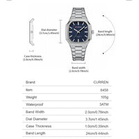 CURREN Luxury Business Square Quartz Watches  Classic Stripe Design Dial with Stainless Steel Band Wristwatch for Men