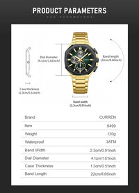 CURREN Luxury Business Wristwatch Stainless Steel Quartz Sport Chronograph Clock Fashion Male Watch Ideal Present for Daily