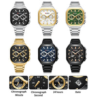CURREN Men Square Chronograph Watch Black Stainless Steel Band with 3 Sub-Dials Casual Business Quartz Wristwatch Luminous Hands