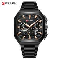 CURREN Men Square Chronograph Watch Black Stainless Steel Band with 3 Sub-Dials Casual Business Quartz Wristwatch Luminous Hands