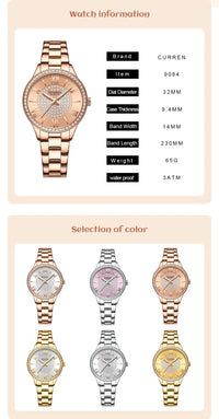 CURREN Luxury Rhinestones Rose Dial Fashion Watches with Stainless Steel Band New Quartz Wristwatches for Women