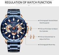CURREN 8363 Casual Sport Chronograph Men's Watches Stainless Steel Band Wristwatch Big Dial Quartz Clock with Luminous Pointers