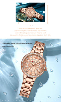 CURREN Quartz Wristwatches for Wommen Luxury Rhinestones Rose Dial Fashion Watches with Stainless Steel Band New