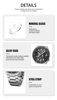 CURREN Skeleton Hollow Dial Automatic Mechanical Watch for Men 42mm Stainless Steel Band Business Sport Wristwatch with Luminous