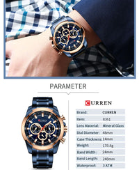 CURREN 8361 Classic Business & Fashion Six-Hand Men's Quartz Watch, Water-Resistant Stainless Steel Strap with Calendar