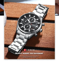 CURREN Men's Multifunctional Watch with Chronograph Date Stopwatch Waterproof Watches Stainless Steel Quartz Movement Clock