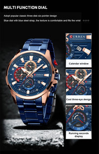 CURREN Men's Exquisite Sports Multifunction Watch New Luxury Stainless Steel Quartz Watch with Luminous Hand Clock часы мужские