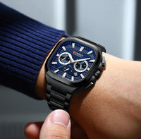 CURREN Men Square Chronograph Watch Black Stainless Steel Band with 3 Sub-Dials Casual Business Quartz Wristwatch Luminous Hands