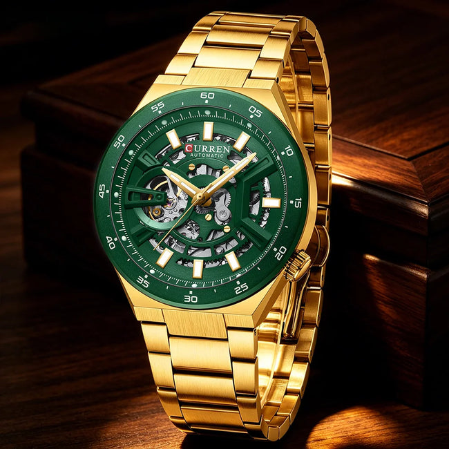 CURREN Skeleton Hollow Dial Automatic Mechanical Watch for Men 42mm Stainless Steel Band Business Sport Wristwatch with Luminous